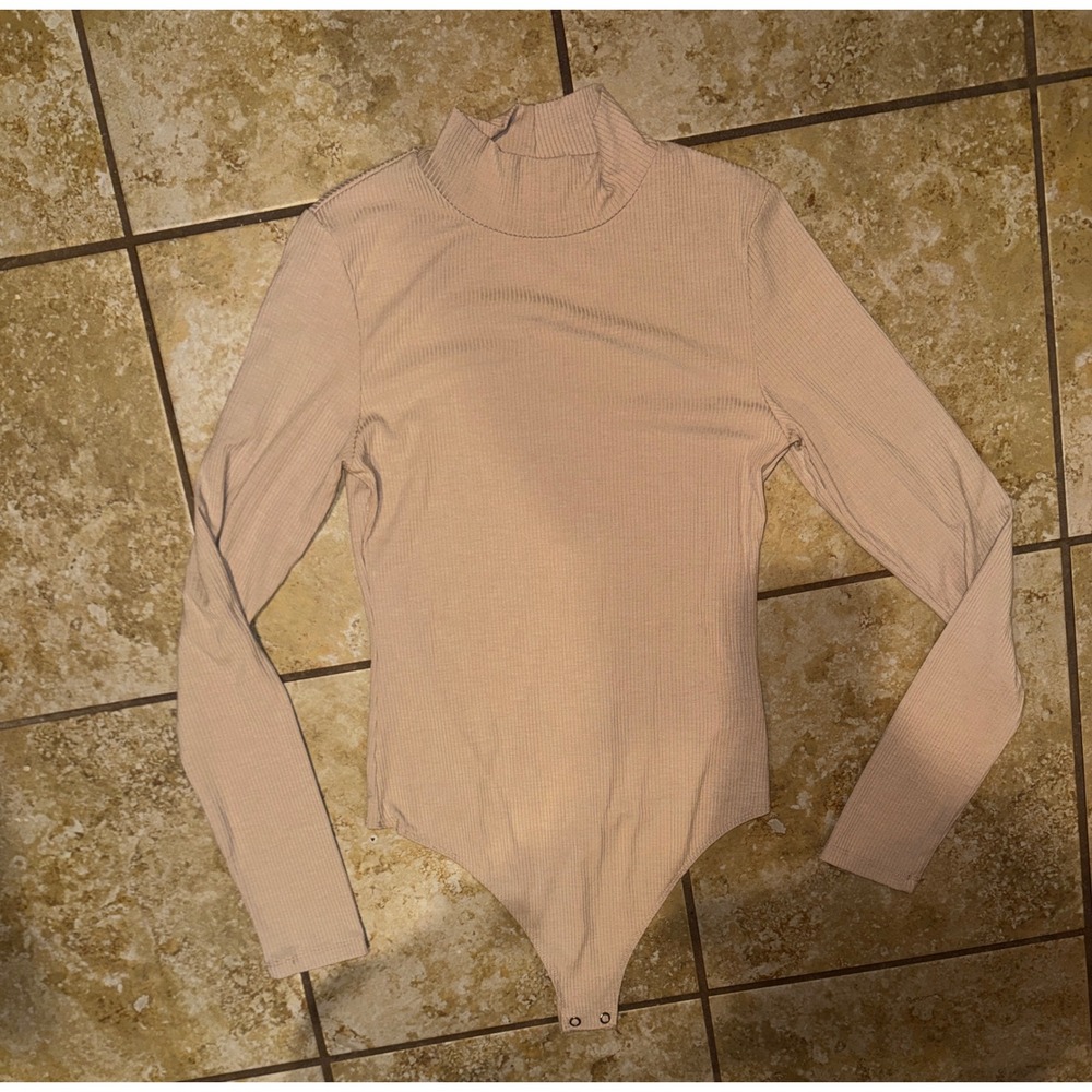 American Eagle Ribbed Mock Neck Long Sleeve Bodysuit Tan Beige Medium